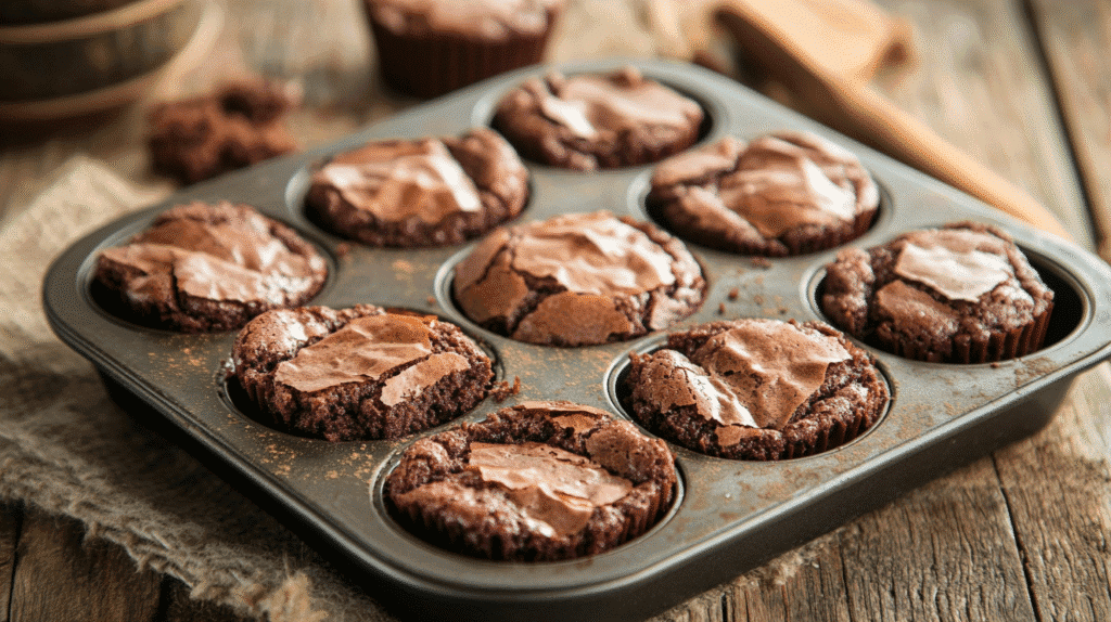 Current image: Brownies in muffin pan fresh out of the oven