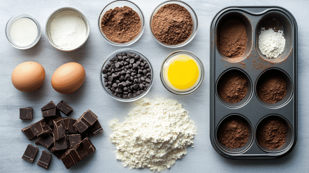Ingredients for brownies in muffin pan
