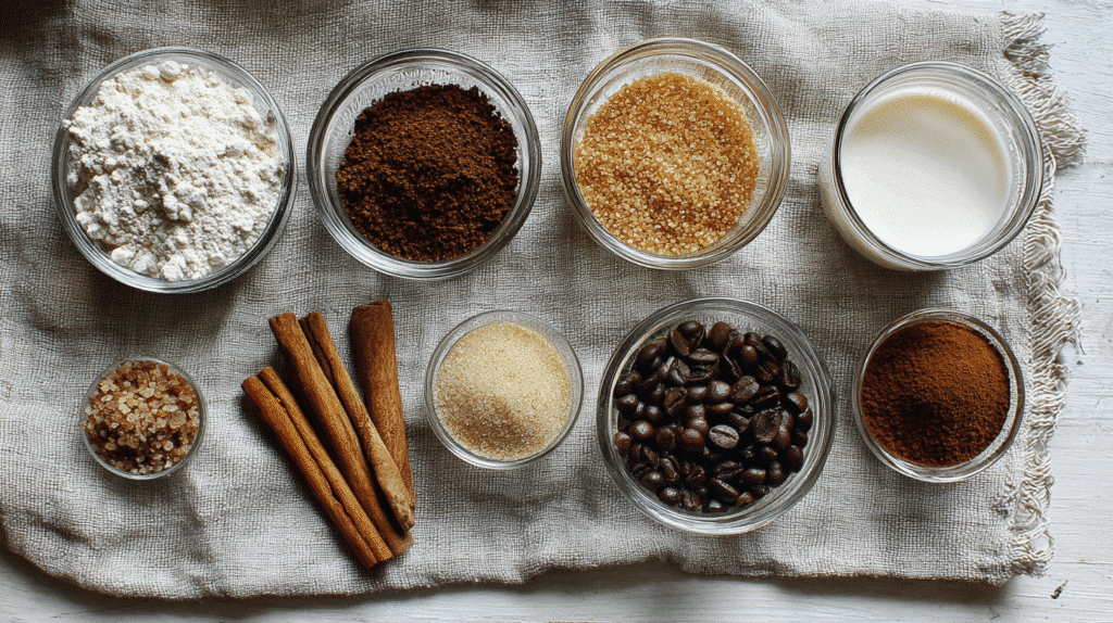 flat lay of creamy cappuccino mix ingredients in glass bowls