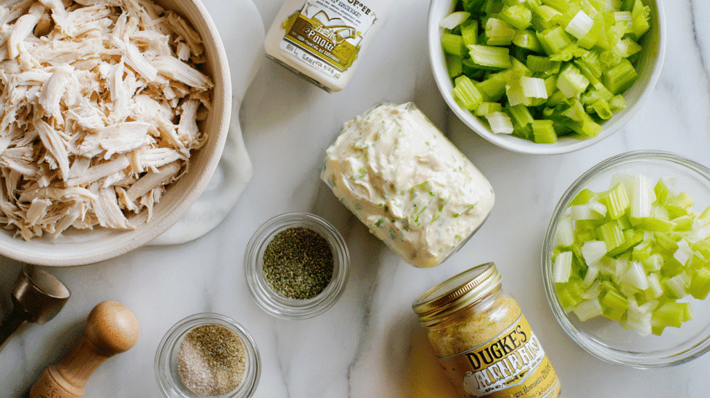 Chicken Salad Chick recipe ingredients flat lay