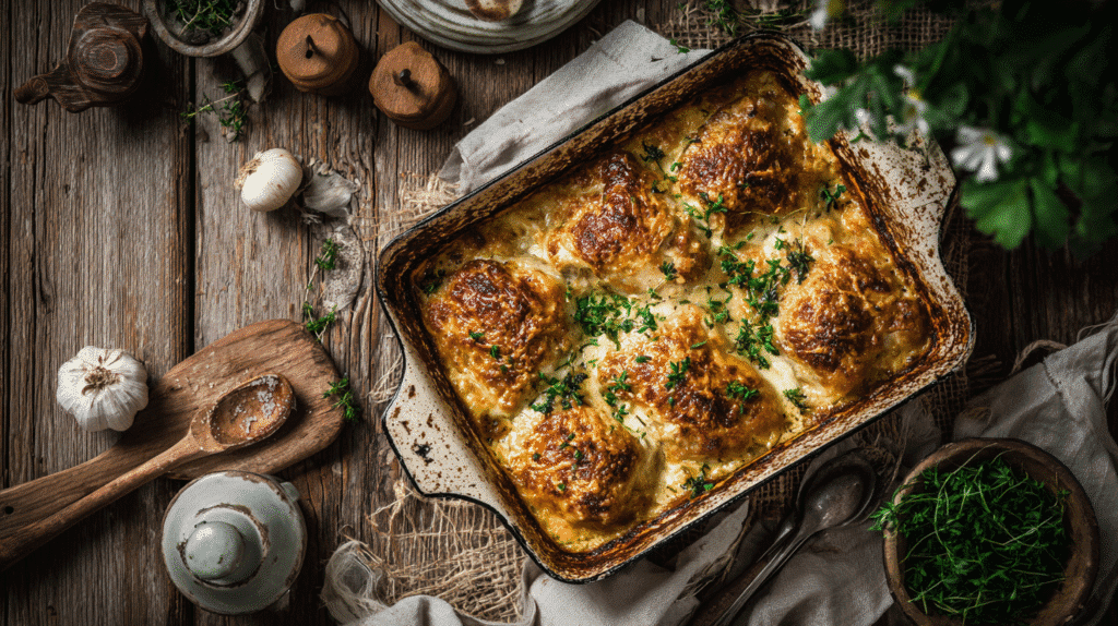 Current image: Chicken thighs casserole baked in a rustic dish with golden top