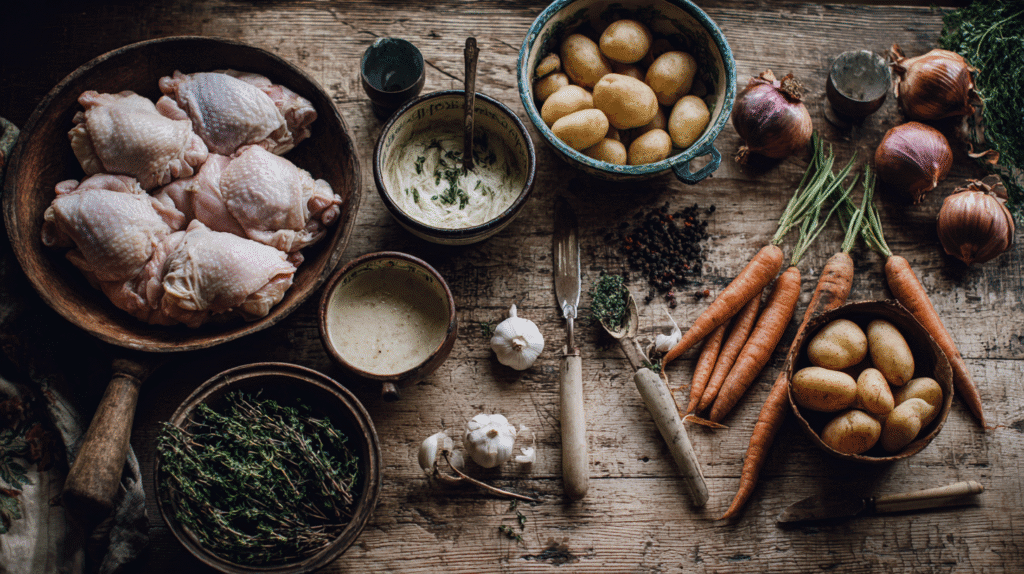 Chicken casserole ingredients including raw thighs and fresh vegetables