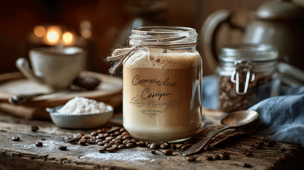 creamy cappuccino mix in jar on rustic kitchen table