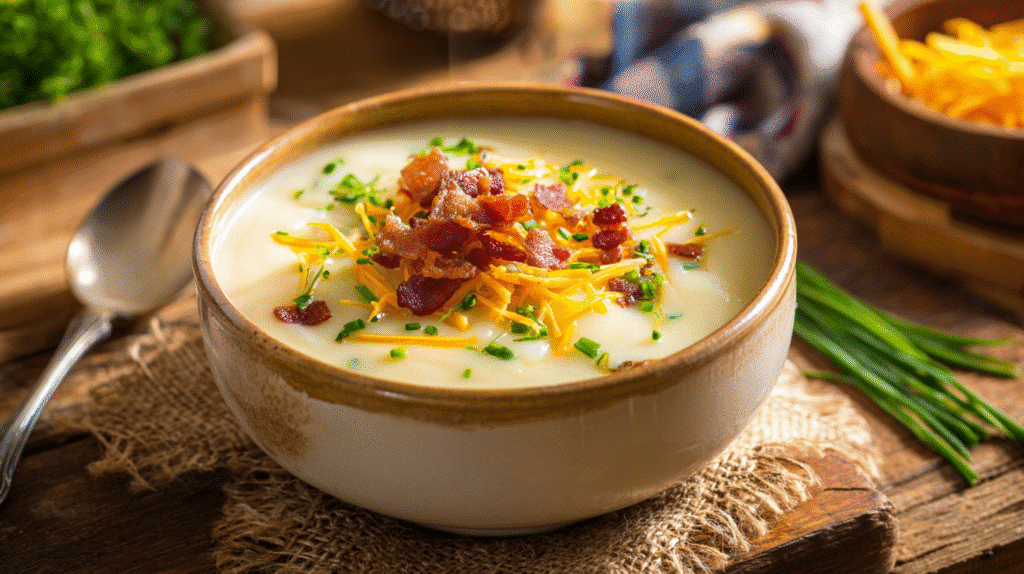 Current image: Creamy potato soup in rustic kitchen