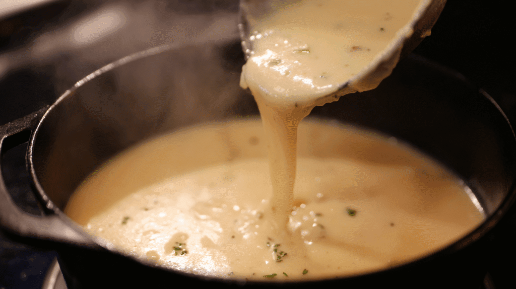 Pouring creamy potato soup into bowl