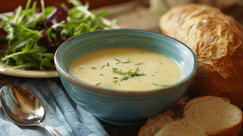 Creamy potato soup served with bread