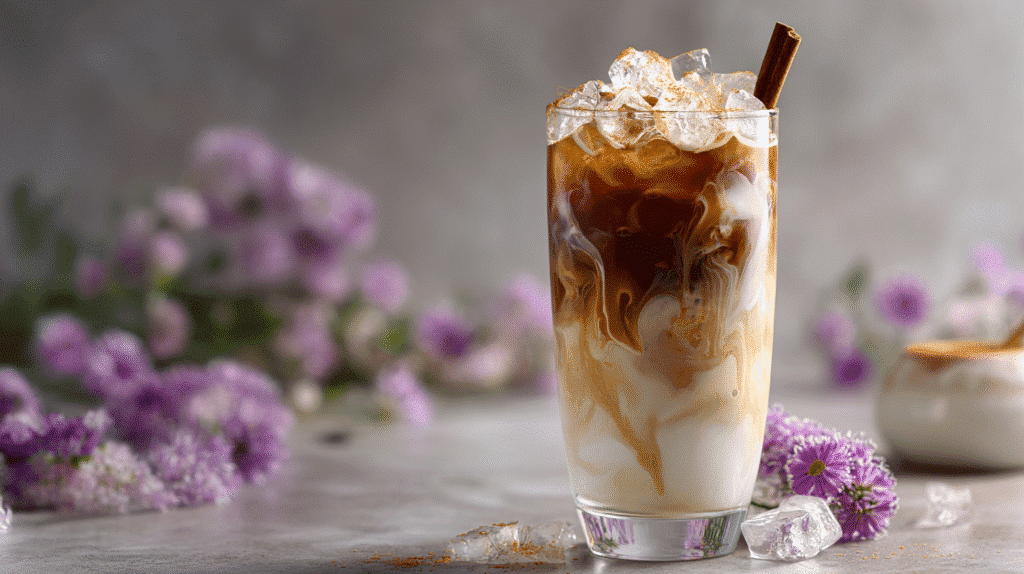 Iced vanilla sweet cream coffee with cascading cream