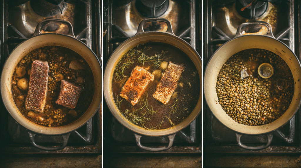 Lamb lentils and rice cooking in Dutch oven