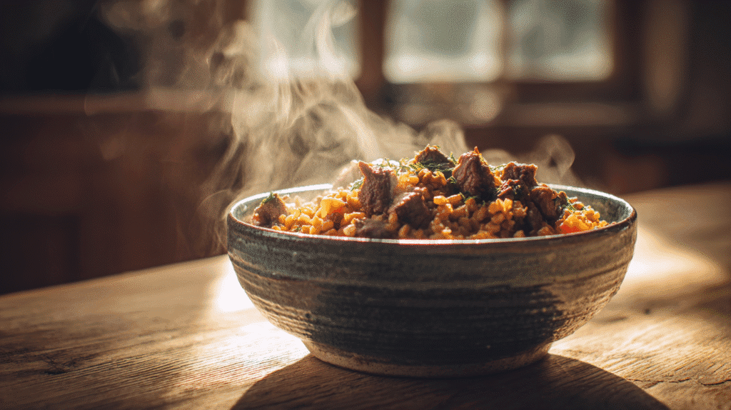 Current image: Lamb lentils and rice served in a rustic bowl