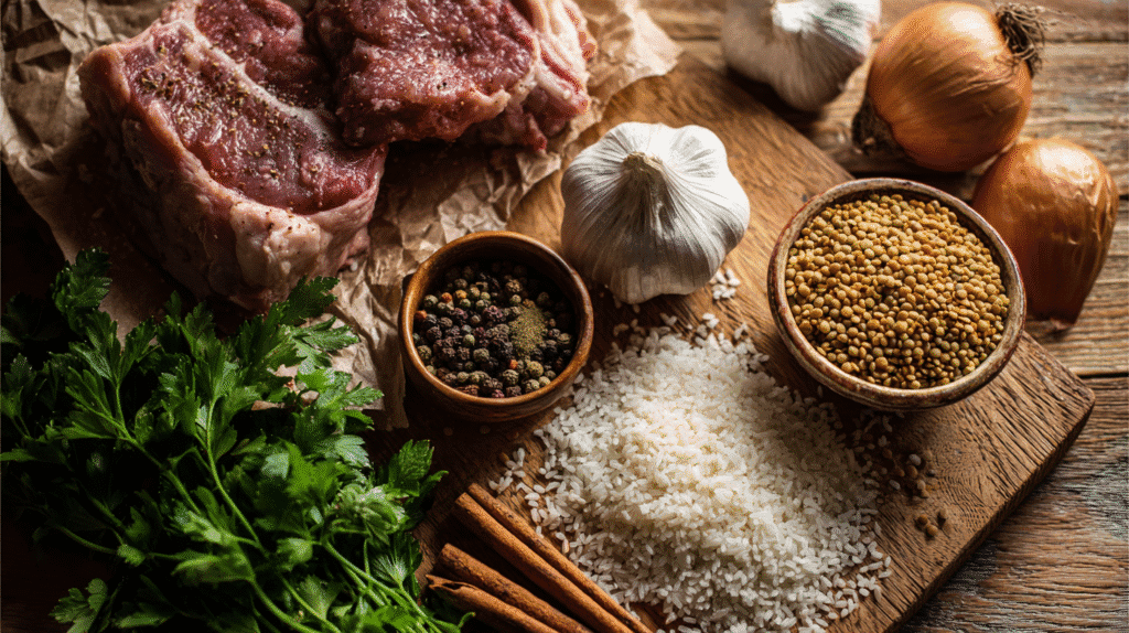 Ingredients for lamb lentils and rice on wooden board
