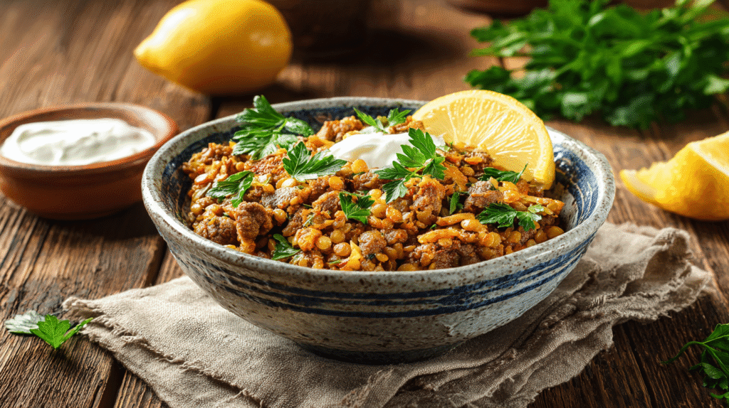Served lamb lentils and rice with fresh garnish