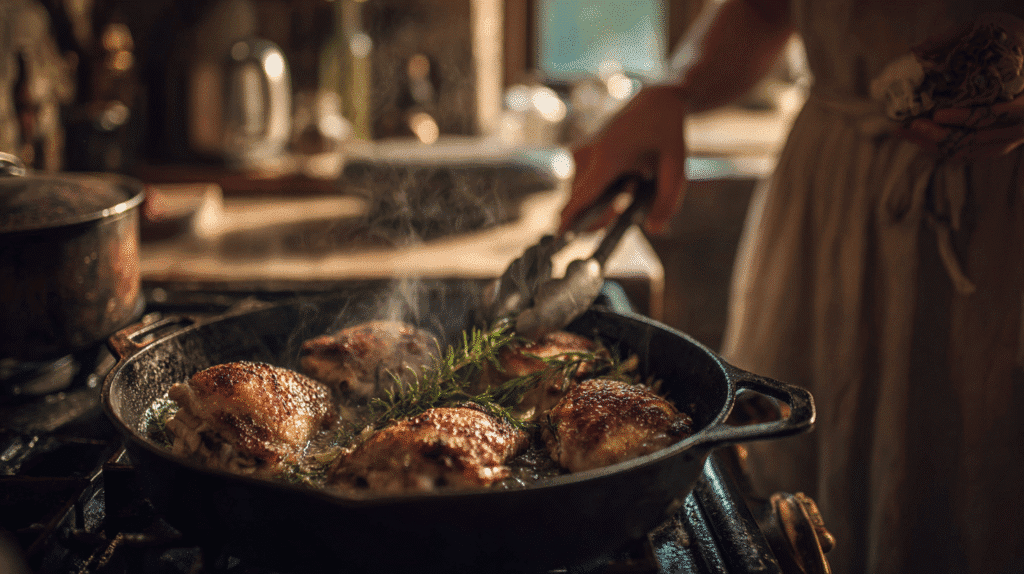 Searing chicken thighs with herbs and garlic before baking