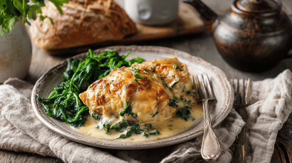 Served chicken thighs casserole with greens and fresh bread
