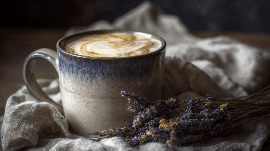 Current image: Vanilla sweet cream coffee in a cozy Cotswolds kitchen