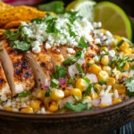 Delicious Street Corn Chicken Rice Bowl with grilled chicken, creamy corn, and Cotija cheese.