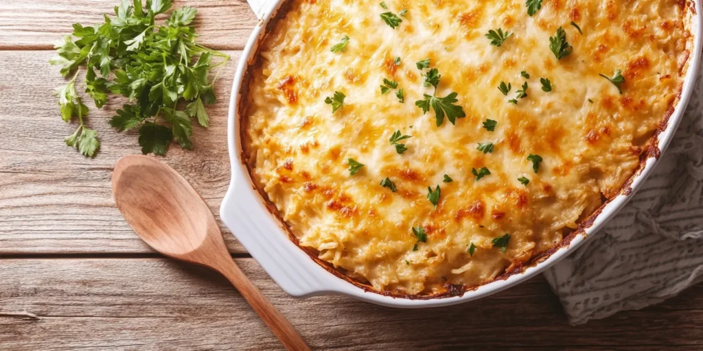 Family Favorite Chicken and Rice Casserole 1 Current image: Freshly baked Family Favorite Chicken and Rice Casserole on a wooden table.