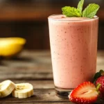 Refreshing strawberry banana smoothie in a glass with fresh fruits