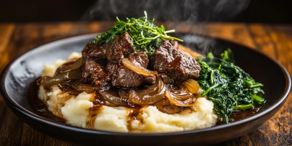 Perfectly cooked beef liver and onions with mashed potatoes