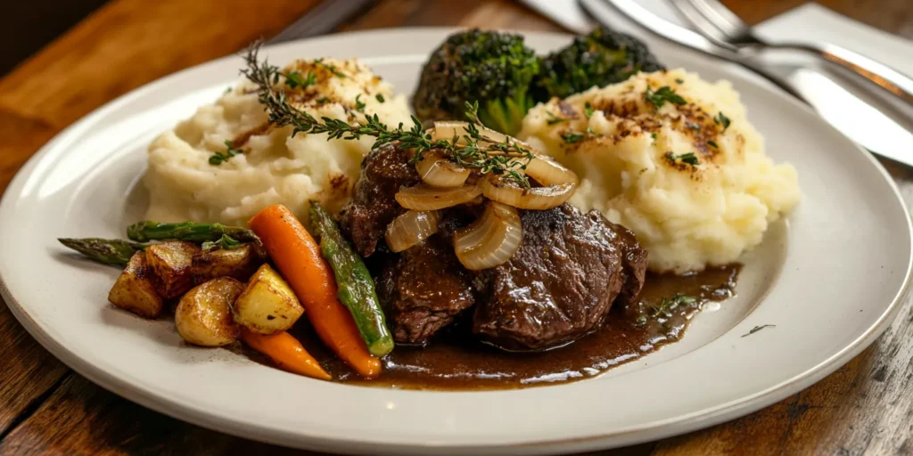Perfectly cooked beef liver and onions with mashed potatoes