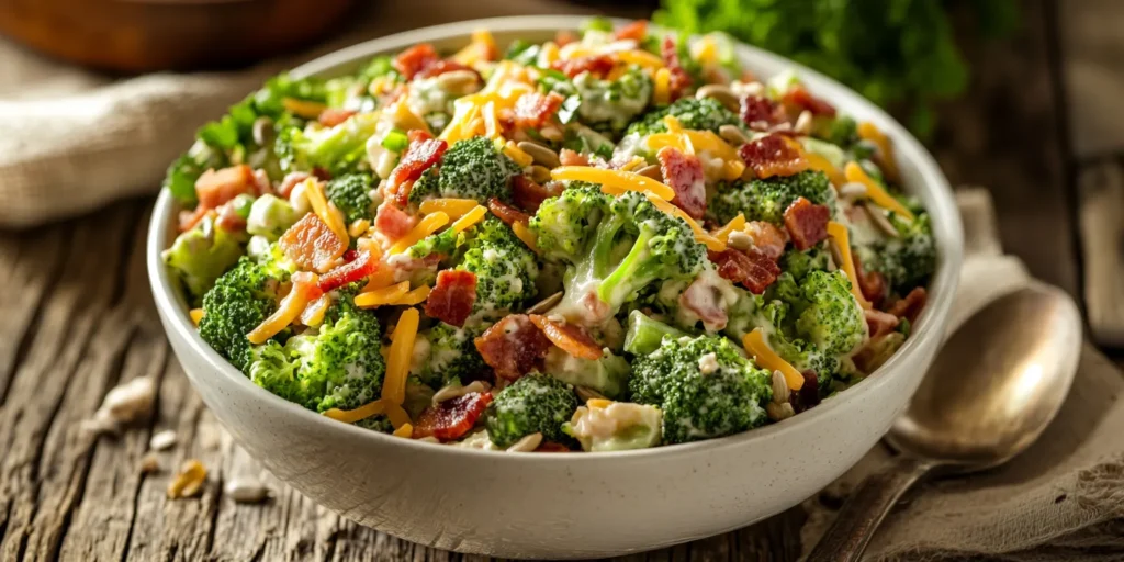Broccoli Salad 1 Current image: Delicious homemade broccoli salad in a rustic bowl.