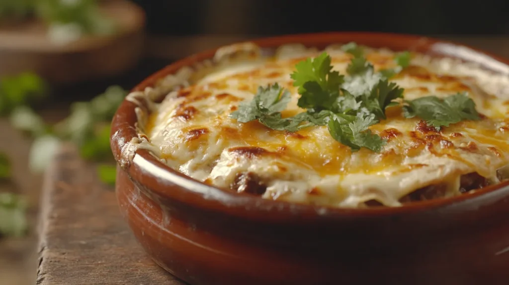 Beef Enchilada Casserole 1 Current image: Beef enchilada casserole in baking dish topped with melted cheese