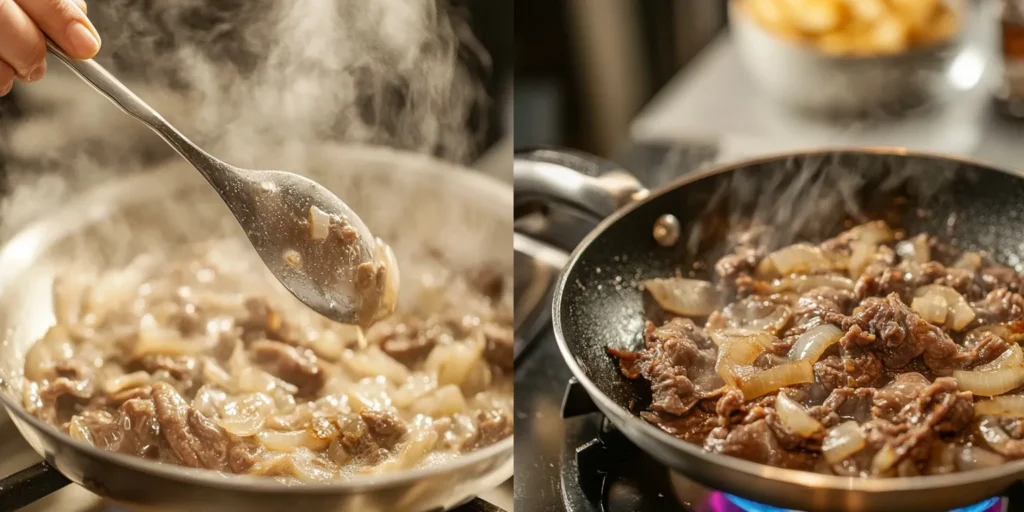 Perfectly cooked beef liver and onions with mashed potatoes