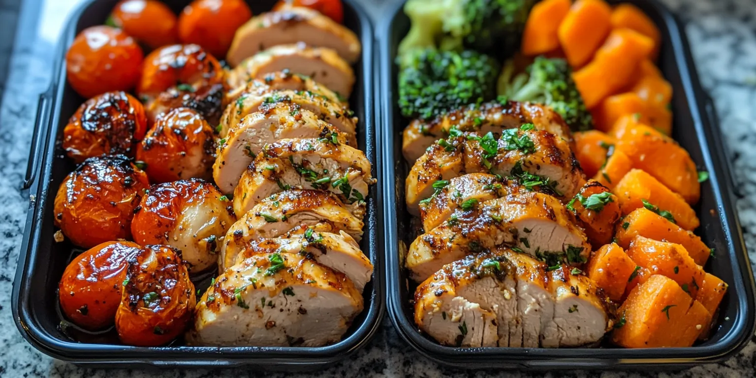 Healthy meal prep chicken bowls with vegetables and rice in meal prep containers.