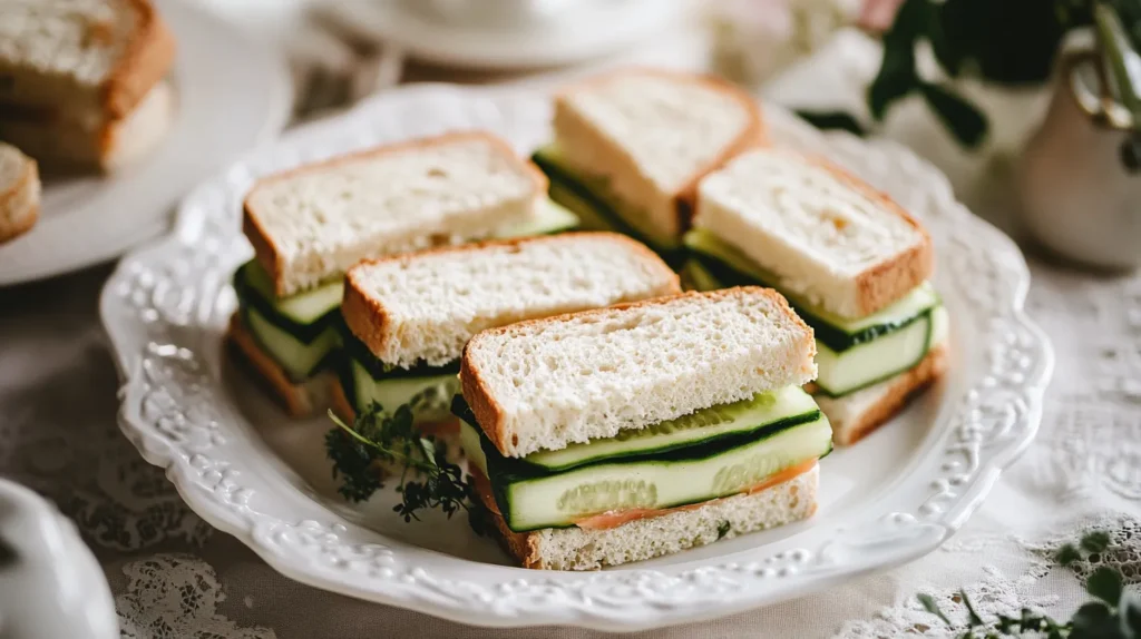 Cucumber tea sandwiches 1 Current image: Elegant cucumber tea sandwiches served for afternoon tea