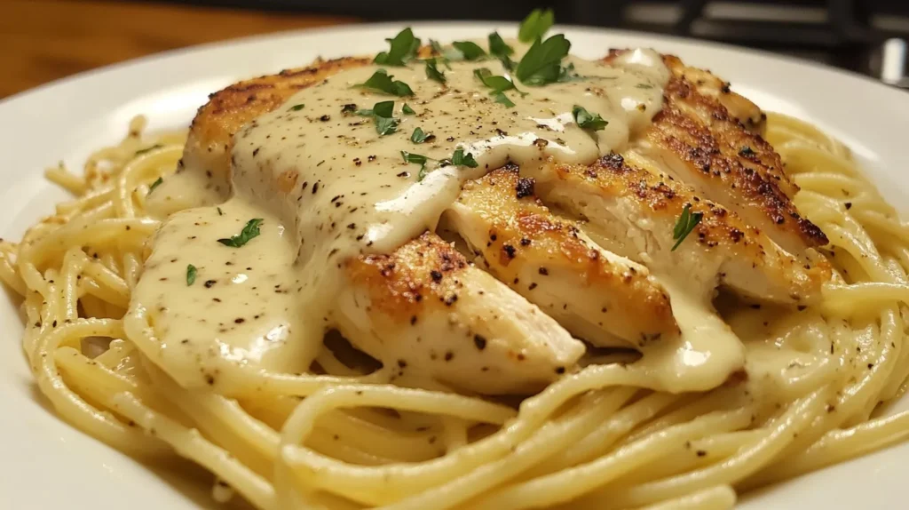 Olive Garden Chicken Pasta 1 Current image: Olive Garden Chicken Pasta on a rustic table