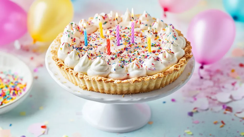 no bake birthday pie 1 Current image: Colorful no bake birthday pie with sprinkles and candles
