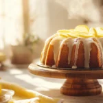 Fresh lemon Bundt cake on a rustic stand with glaze