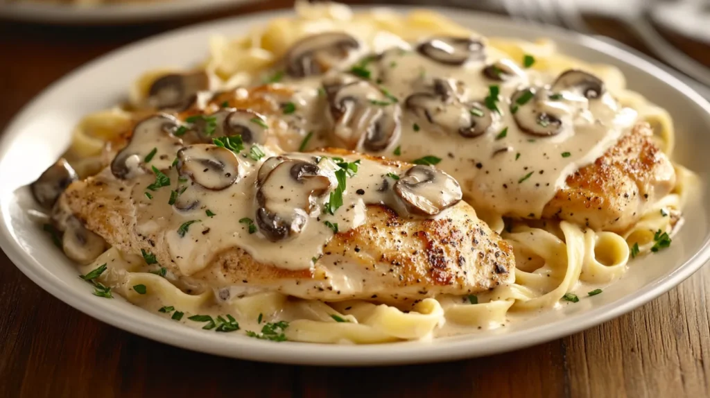 Chicken Marsala over Fettuccine 1 Current image: Creamy Chicken Marsala over Fettuccine with parsley garnish