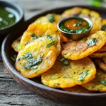 Golden crispy capsicum pakoras served with chutneys
