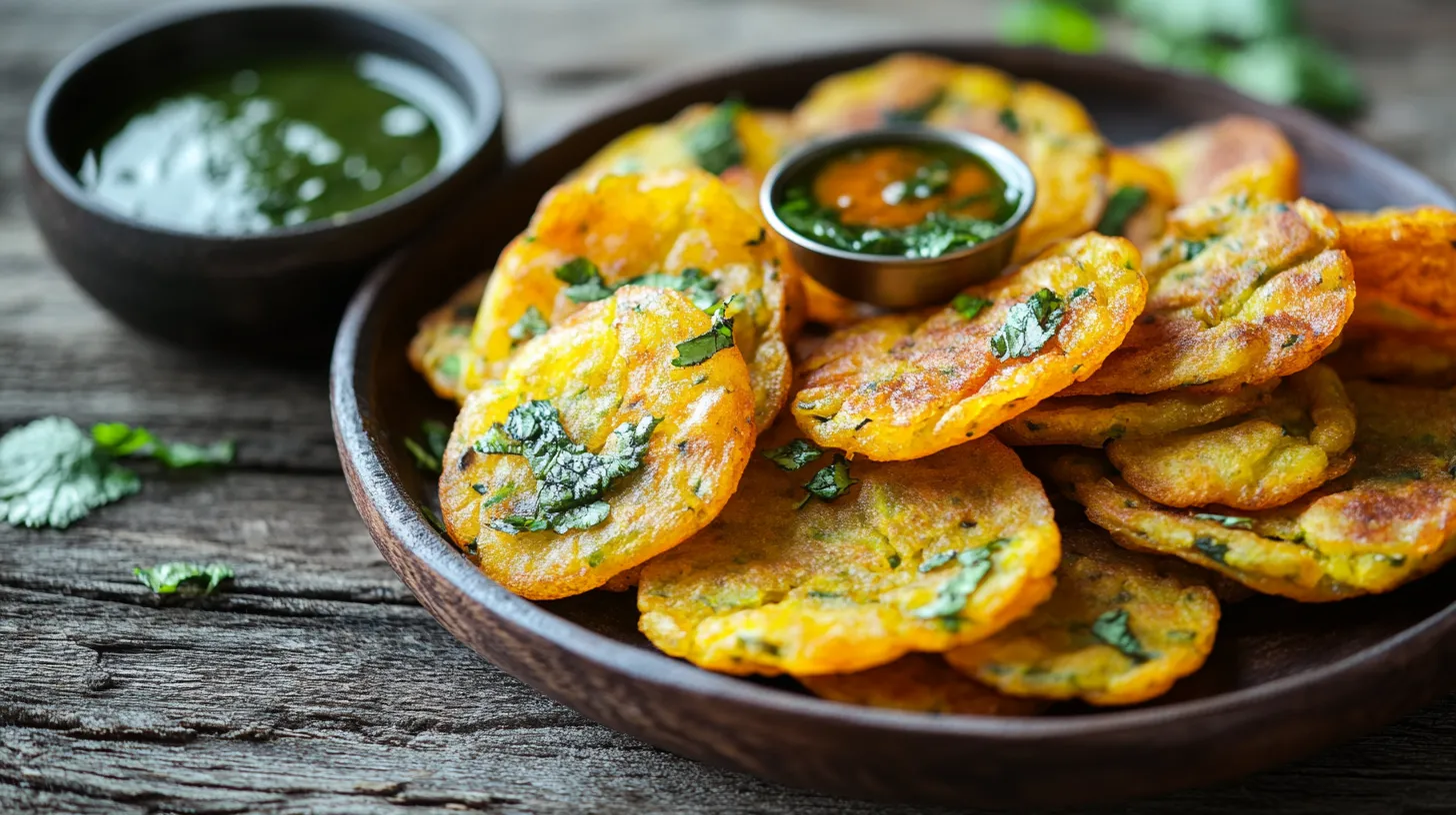 Golden crispy capsicum pakoras served with chutneys