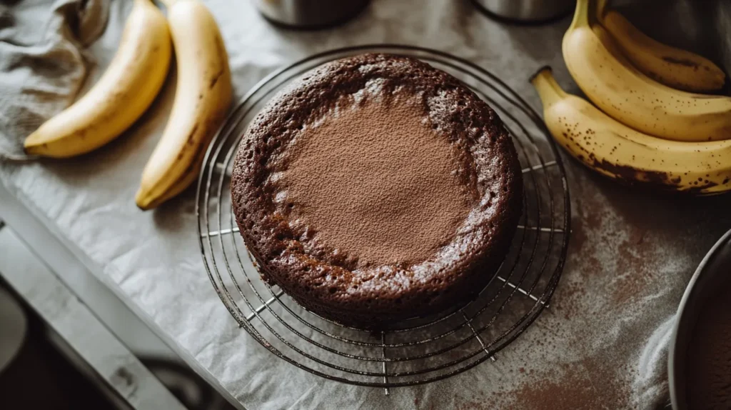 Freshly baked chocolate banana cake in home kitchen