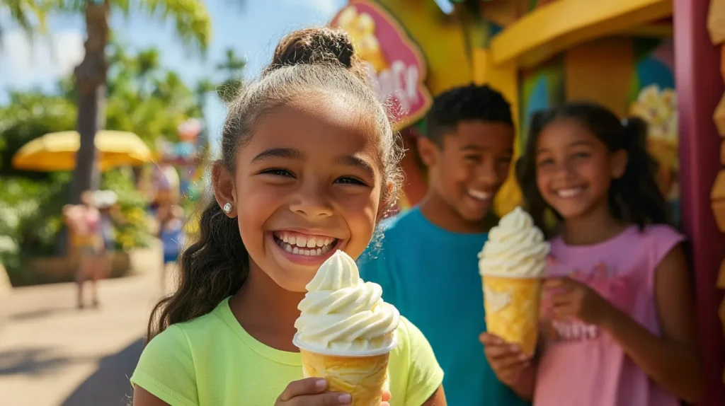 Happy kids enjoying Dole Pineapple Whip at a theme park