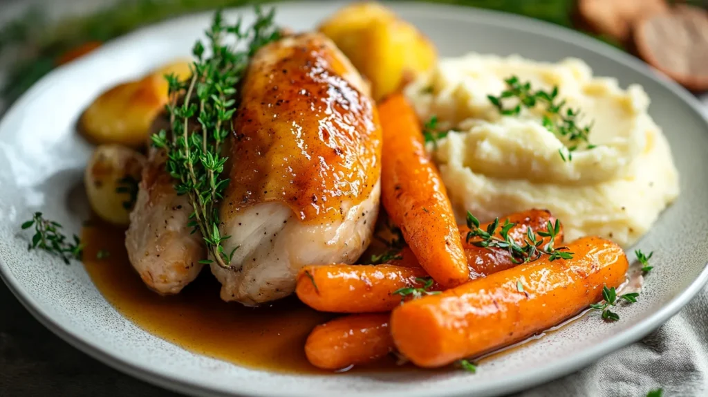 Glazed carrots served with roasted chicken and mashed potatoes