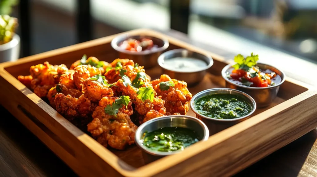 Cozy kitchen with chai and pakoras during a rainy day