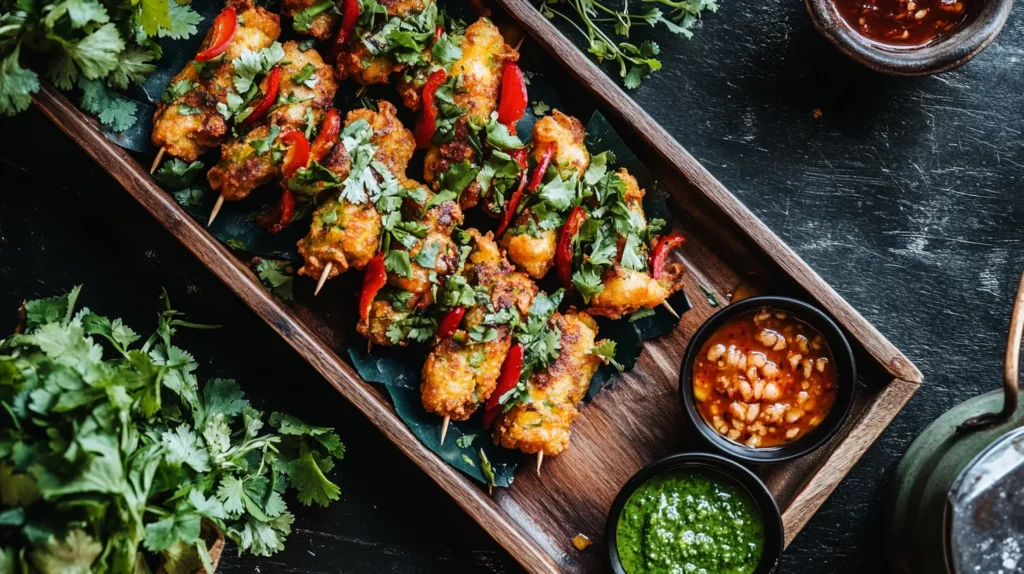 Beautifully plated capsicum pakoras with chutneys
