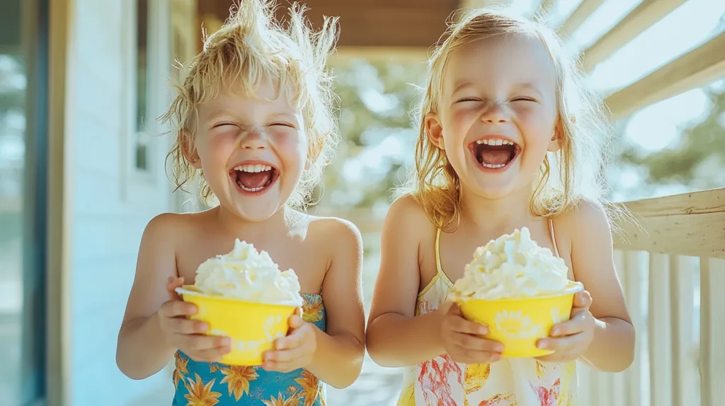 Kids enjoying dairy-free pineapple soft serve outdoors
