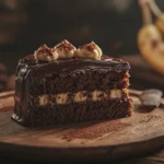 Moist chocolate banana cake slice on plate