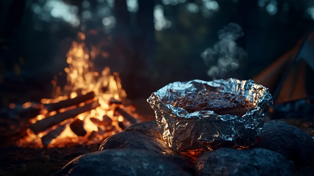 Family enjoying dessert around a campfire