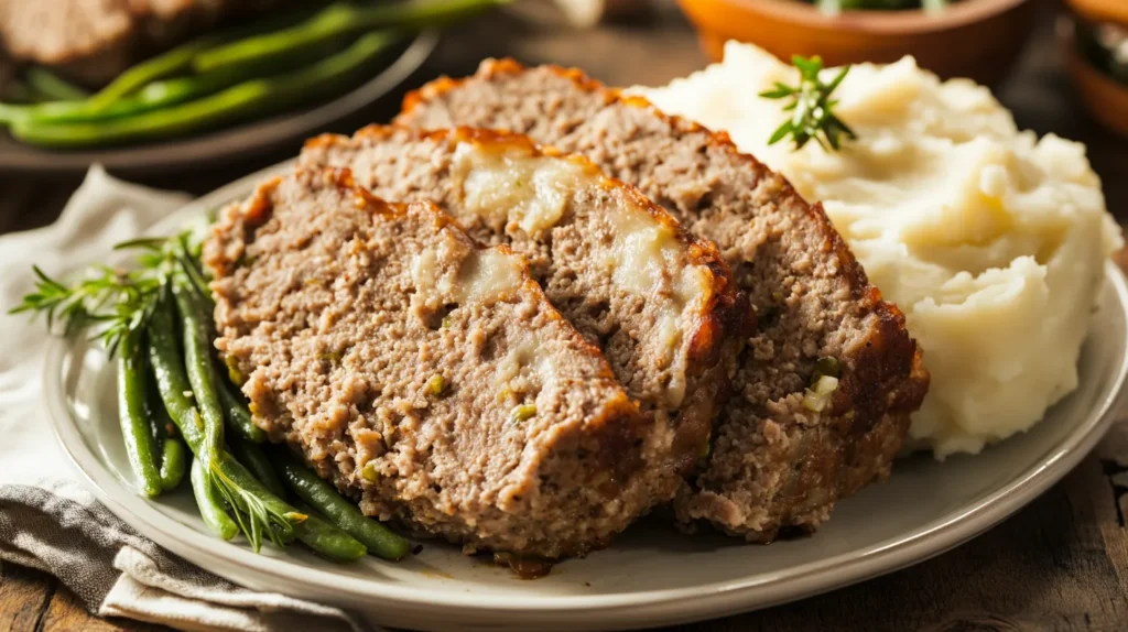 Sliced Stove Top Meatloaf served with sides