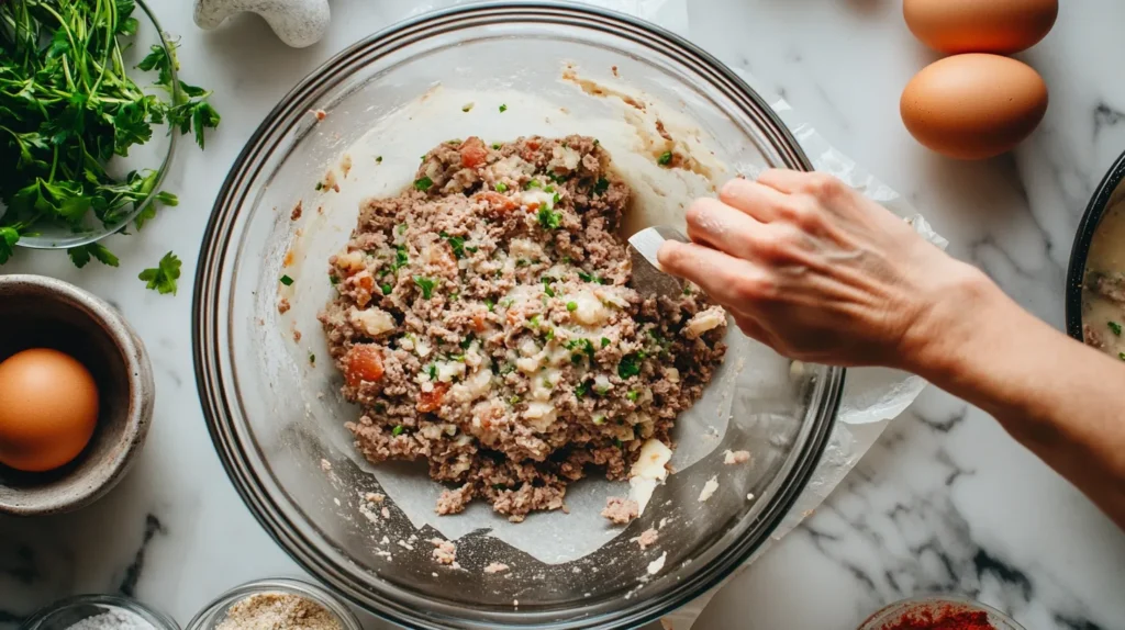 Mixing Stove Top Stuffing Meatloaf ingredients