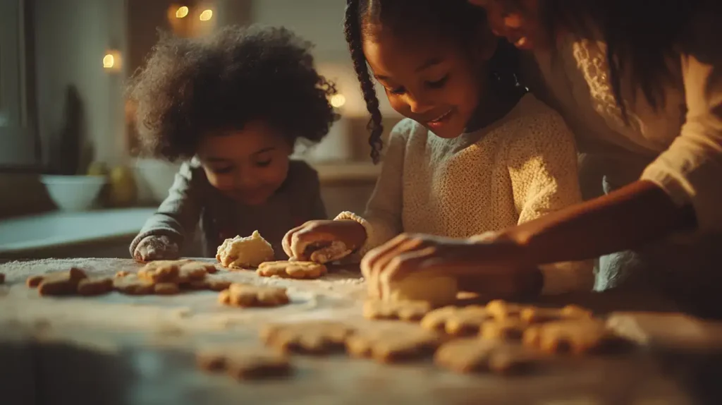 Family baking peanut butter oatmeal cookies together