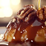 Tray of fresh butter pecan sticky buns with caramel glaze