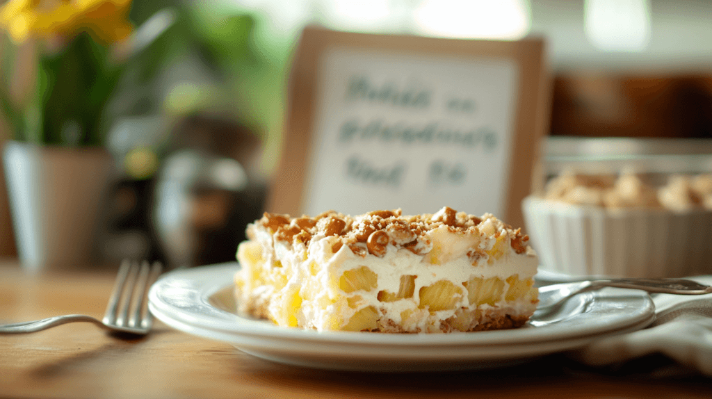 A slice of pineapple pretzel salad on a plate