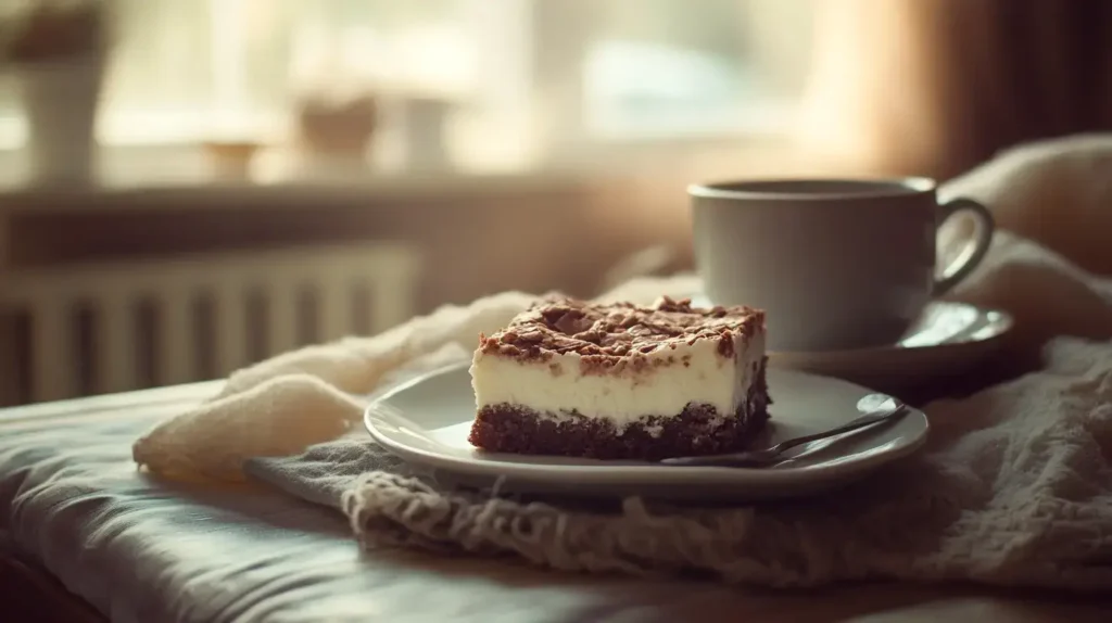 Cheesecake brownies with coffee in a cozy kitchen