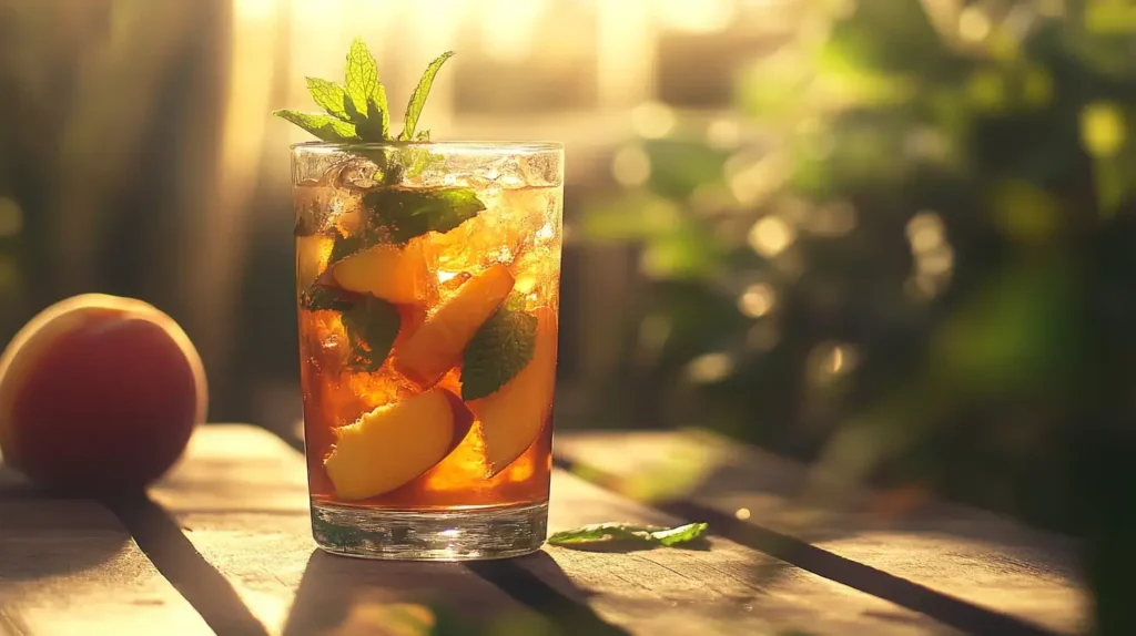 Sweet Peach Iced Tea in a glass with fresh peach slices and mint