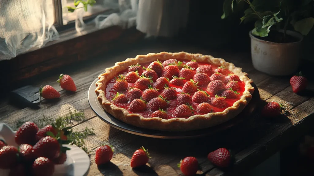 Old fashioned strawberry pie on rustic wooden table
